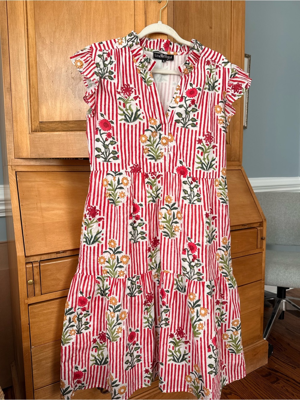 Liza Byrd Red Stripe Floral Cotton Tiered Midi Dress S